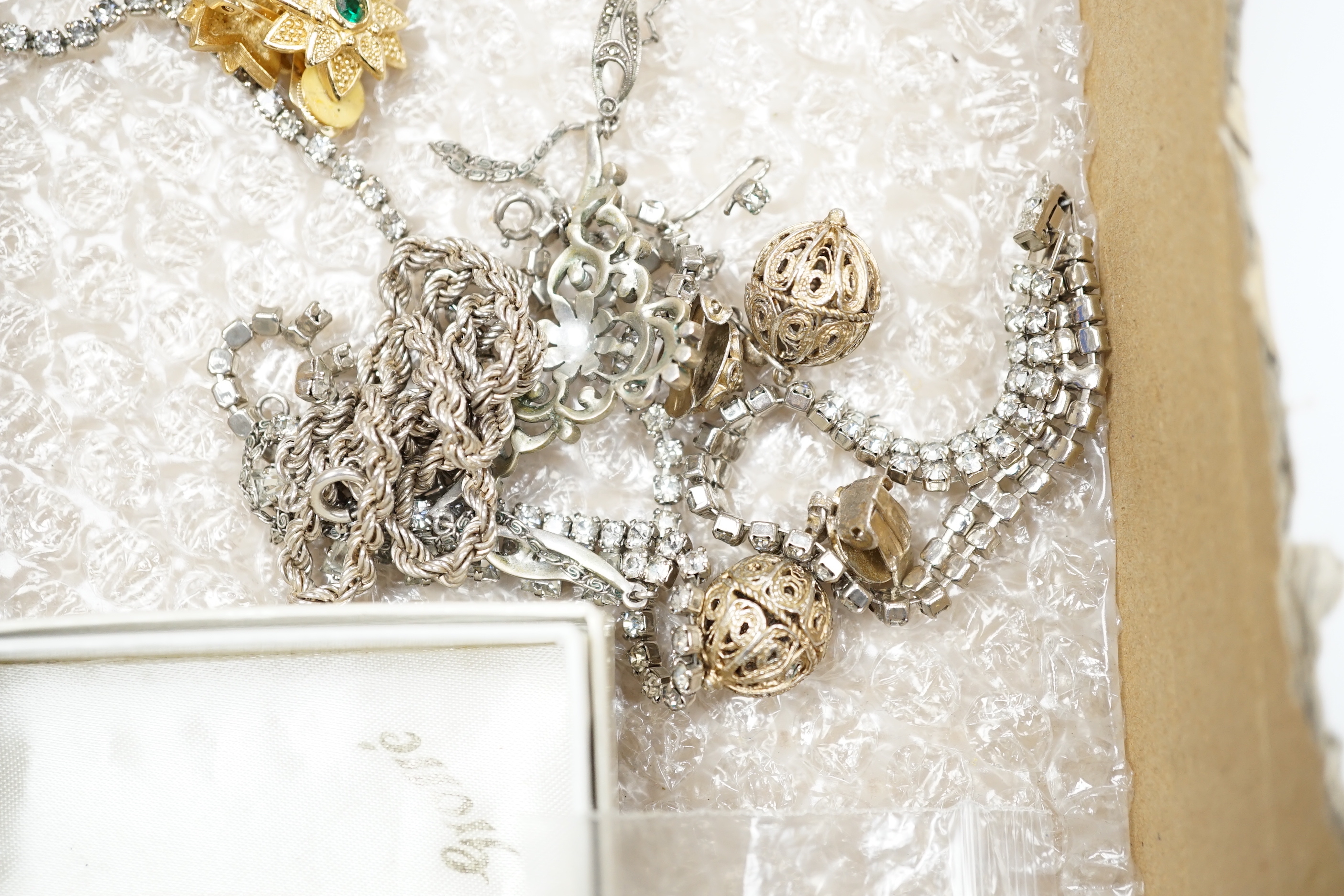 Assorted paste set jewellery etc and other items including compacts and a Ronson lighter.